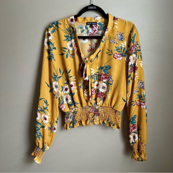 Women’s Yellow Floral Moa Moa Fromt Tie Ruffle Blouse Size Large - Picture 1 of 6